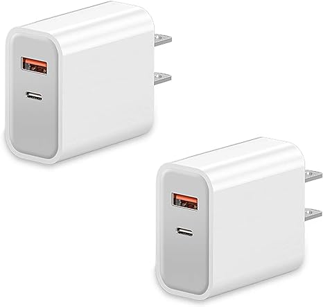 2 Pack USB-C Wall Charger, 20W Durable Dual Port QC PD 3.0 Power Adapter, Double Fast Plug Charging Block for iPhone 11/12/13/14 Pro Max,Samsung Galaxy S23/S22/S21 Android Phone