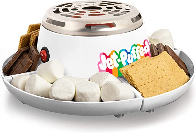 Nostalgia Jet-Puffed Indoor Electric Stainless Steel S'Mores Maker with 4 Compartment Trays for Graham Crackers, Chocolate, Marshmallows and 2 Roasting Forks, White