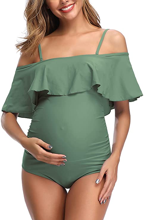 Women Off-Shoulder Maternity Swimsuits Flounce Floral One Piece Bathing Suits