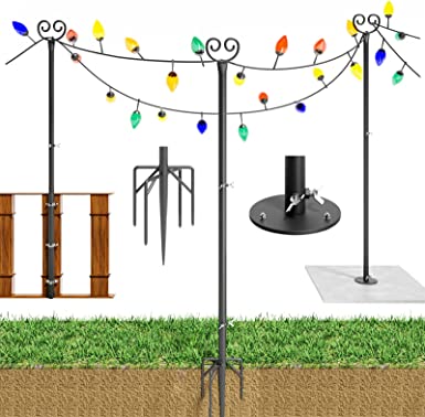 Outdoor String Light Poles (2x10 FT) Heavy Duty Outside Light Poles Sturdy Steel Pole Stand Hooks to Hang String Lights for Garden Backyard Patio Wedding Party Deck Birthday Decorations - 2 Pack