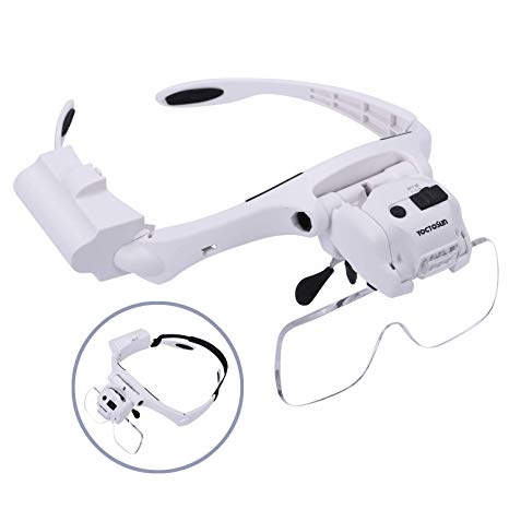 YOCTOSUN Head Magnifier with 5 LED Lights, Hands Free Headband Magnifying Glass with 5 Interchangeable Lenses 1.2X 1.8X 2.5X 3.5X 4.5X, Great Magnifying Glasses for Jewelry, Arts and Crafts, Hobby