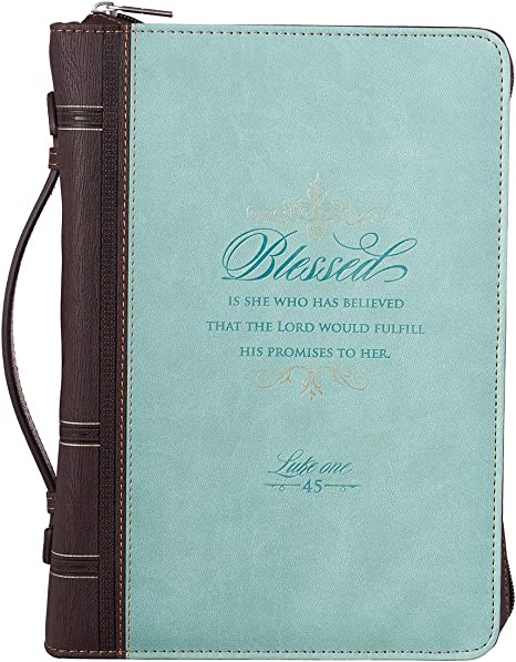 Light Blue and Brown Faux Leather Fashion Bible Cover | Blessed is She Who Has Believed Luke 1:45 | Bible Case Book Cover for Women, XL