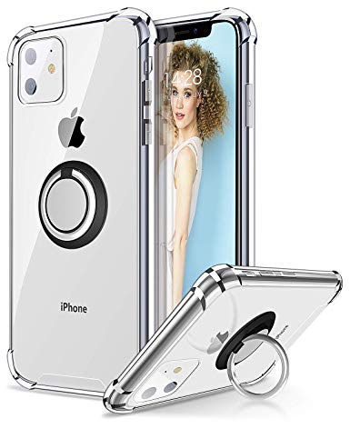 iPhone 11 Case with Phone Ring Holder, Ansiwee Colorful and Clear Hard Back Shock Drop Proof Impact Resist Extreme Durable Protective Cover Cases for Apple iPhone 11 (Crystal Clear)
