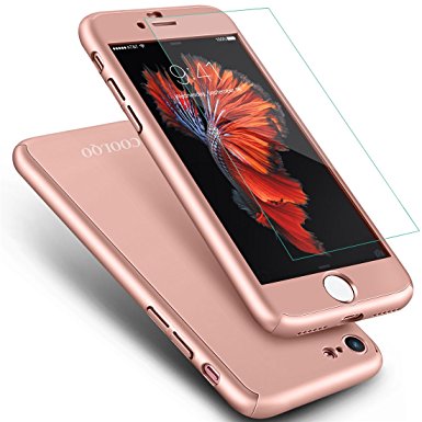 iPhone 7 Case, COOLQO Ultra-thin Full Body Coverage Hard Plastic Matte Finish [Tempered Glass Screen Protector] 360 All Round Shockproof Hybrid Cover Skin for Apple iPhone 7 4.7 Inch_Rose Gold