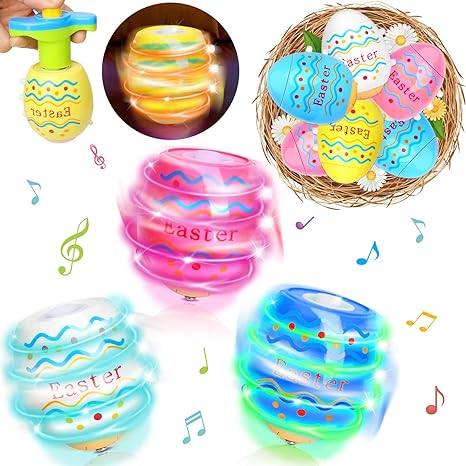 6 PCS Easter Eggs Spinning Tops Toy for Kids, Light Up Flashing Spin Toys with LED Gyroscope for Party Favors, Goodie Bag Stuffers, Easter Gifts for Kids, Glow in The Dark Supplies
