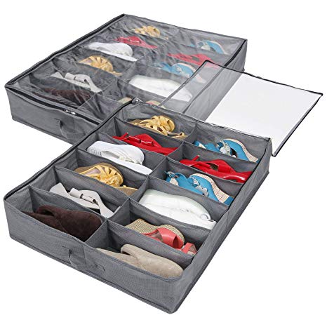 Lifewit 12 Pairs Under Bed Shoe Organizer Closet Storage Solution Organizer Box with Front Zippered Closure, Set of 2, Grey