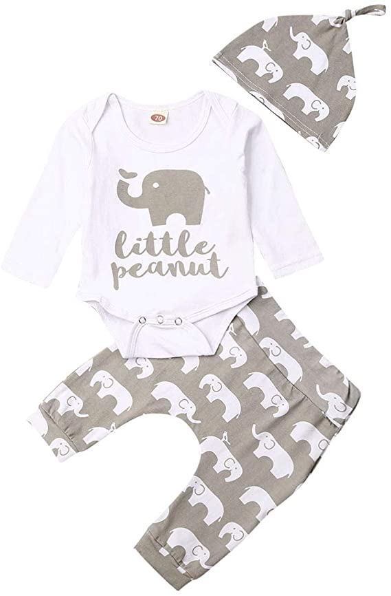 3PCS Toddler Newborn Infant Baby Boys Elephant Clothes Cute Little Peanut Romper Bodysuit Pants Hat Fall Outfits Set