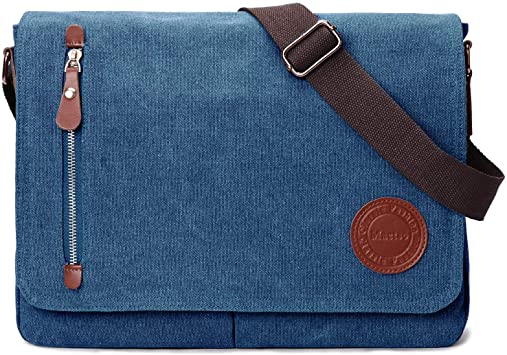 Vintage Canvas Satchel Messenger Bag for Men Women,Travel Shoulder bag 13.5" Laptop Bags Bookbag (Blue)