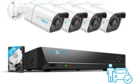 Reolink 8CH 4K Security Camera System H.265, 4pcs 8MP Person/Vehicle Detection Smart Wired Outdoor PoE IP Cameras, 8MP 8-Channel NVR with 2TB HDD for 24/7 Recording, RLK8-810B4-A