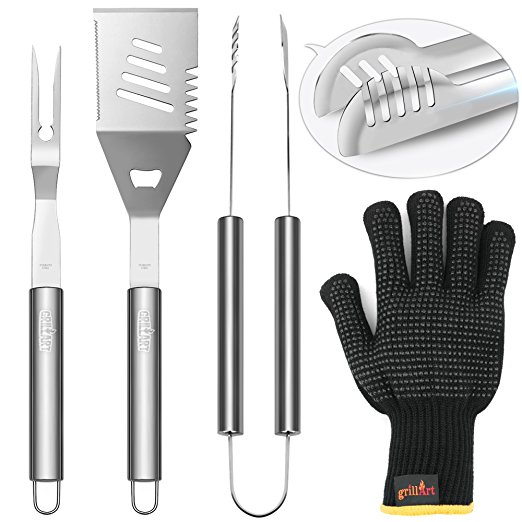 BBQ Grilling Tools Set - GRILLART Reinforced BBQ tongs 3-Piece Stainless Steel BBQ Grill Accessories. Stainless Steel BBQ Grill Accessories. Spatula, Tongs, Fork - Bonus Insulated Gloves (Yellow)