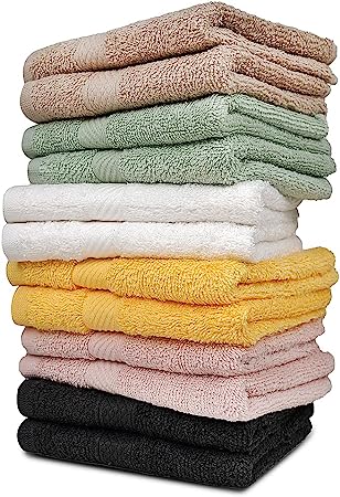 ZUPERIA 100% Cotton Bath Wash Cloths - 12 Pack - 12" x 12"- Highly Absorbent Soft Washcloths for Face, Gym Towels, Hotel Spa Quality, Reusable Multipurpose Towels (12 Pack, 6 Multicolors)