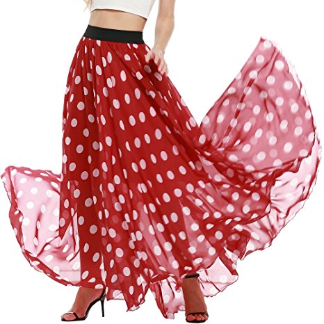 Meaneor Women's Casual Contrast Polka Dot Print Chiffon Maxi Skirts