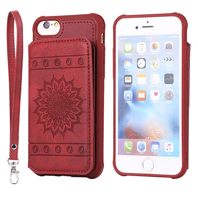 iPhone 8 Case,iPhone 7 Case,DAMONDY Luxury Flower Sunflower Wallet Purse Card Holders Design Cover Soft Shockproof Bumper Flip Leather Kickstand Clasp Wrist Strap Case for iPhone 8/7-Red