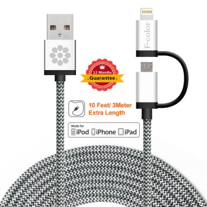 iPhone 6 Charger 10ft F-color8482 2in1 Long Braided Lightning Charging Cable for iPhone 6S 6 Plus 5 iPad Air mini 4 iPad Pro Android Smart Phones Motorola Galaxy Note 5 S6 Edge Plus Silver 3m