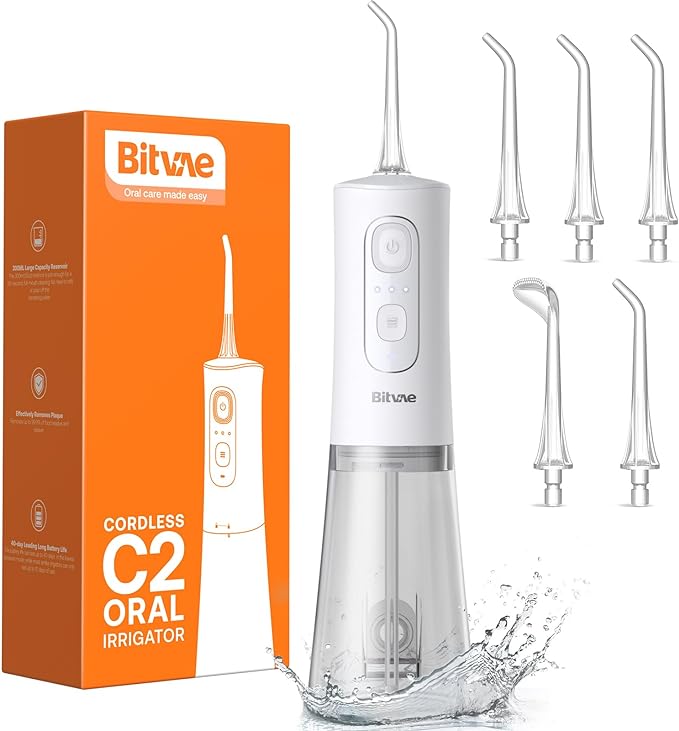 Bitvae Water flosser for Teeth Cleaning, Cordless Water Dental Picks with 6 Tips, 3 Modes Oral Irrigate Jet for Plaque Removal & Oral Gums Care, USB Rechargeable for Tavel and Home Use, White