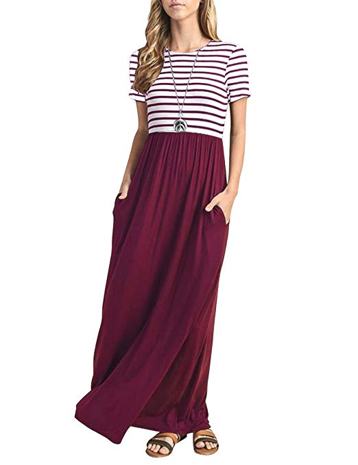 MEROKEETY Women's Summer Striped Sleeveless Crew Neck Long Maxi Dress Dress with Pockets