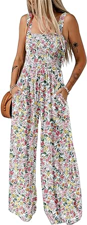 Dokotoo Women's Casual Loose Overalls Jumpsuits One Piece Sleeveless Printed Wide Leg Long Pant Rompers With Pockets