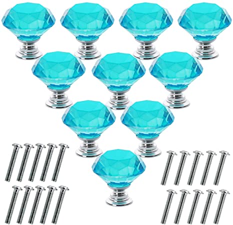 Akstore 10 Pcs Crystal Glass Cabinet Knobs 30mm Diamond Shape Drawer Kitchen Cabinets Dresser Cupboard Wardrobe Pulls Handles (Light-Blue)