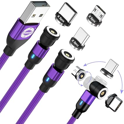 EndlesShine Magnetic Charging Cable [3Pack 3.3/6.6/6.6FT] 540° Rotation Magnetic Phone Charger.USB C Cable,Micro USB,iProduct Device 3 in 1.LED Light Magnet Android Charger Type C Cable(Purple)