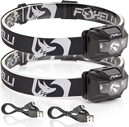 Foxelli 2-Pack USB Rechargeable Headlamp Flashlight - 180 Lumen, up to 40 Hours of Constant Light on a Single Charge, Bright White Led & Red Light, Compact, Lightweight & Comfortable Headband