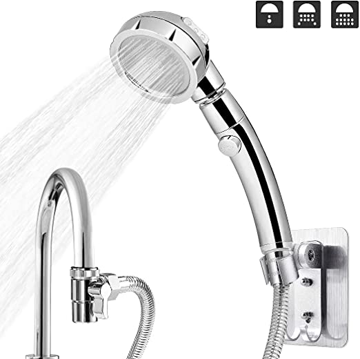 Adjustable Hand Held Showerhead With 6.56FT Hose Faucet Diverter Holder High Pressure Handheld Shower Head With 2M Stainless Steel Hose Sink Faucet Splitter Aerator Strong Adhesive Bracket(Silver)