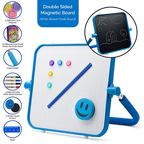 Morvat 2-sided Tabletop Art Easel with Magnetic Chalkboard Magnetic Whiteboard, Includes: 4 Markers, 12 Chalk Sticks, 1 Chalk Holder, 12 Magnets, 1 Ruler, 2 Erasers - Board Size: 17”x15” - Color: Blue