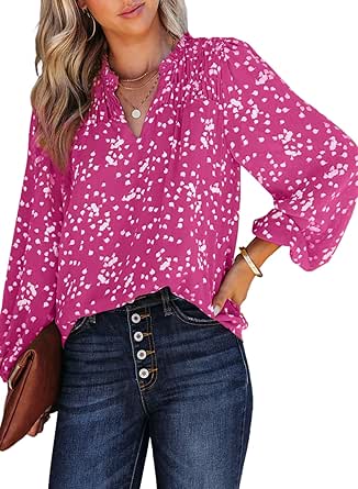 Dokotoo Women's Casual V Neck Alicia Floral Print Smocked Long Sleeve Chiffon Blouses Bohemian Top Shirts