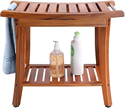 Utoplike Teak Shower Bench Seat with Handles, Portable Wooden Spa Bathing Stool with Storage Towel Shelf, 22" x 13" x 18.6",Waterproof,Perfect for Indoor and Outdoor Use