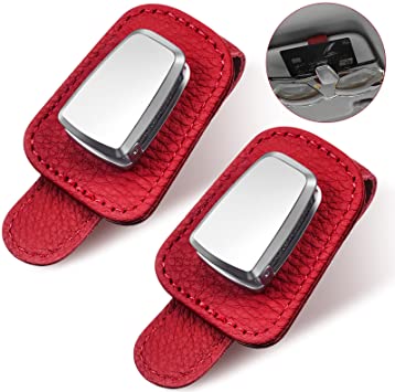 2 Packs Car Glasses Holder Universal Car Visor Sunglasses Holder Clip Leather Eyeglasses Hanger and Ticket Card Clip Eyeglasses Mount for Car (Red)