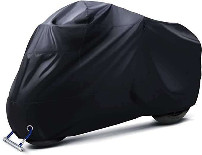 Ohuhu Motorcycle Cover All Season Universal Weather Premium Quality Waterproof Sun Outdoor Protection with Lock-Holes & Storage Bag Fits up to 108" Motorcycles Vehicle Cover, Black