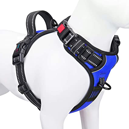 PHOEPET No Pull Dog Harness Reflective Adjustable Vest with a Training Handle, Name ID Pocket, 2 Metal Leash Hooks, 3 Snap Buckles [Easy to Put on & Take Off]