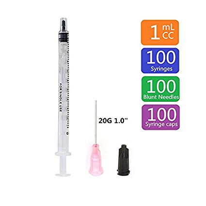 100 Pack 1ml Industrial Syringes with 20G 1.0" Blunt Tip Fill Needle and Caps