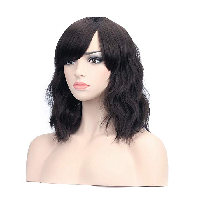 DAOTS 14’’ Short Bob Curly Black Wigs With Bangs for Women Synthetic Hair Wig for Girls Natural Heat Resistant Wig