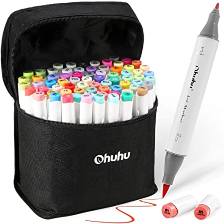 Ohuhu Alcohol Brush Markers, Double Tipped Sketch Markers for Kids, Artist Art Markers, Adults Coloring and Illustration, 72 Unique Colors   1 Alcohol Marker Blender   Marker Case, Fine & Brush Tip