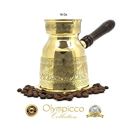 Greek Turkish Coffee Pot Solid Brass 3mm - Handmade Elegant Patterns with Coffee Flowers and Greek Key Design with Removable Wooden Handle - Olympicco Collection (16 Oz)