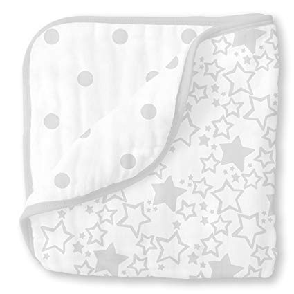 SwaddleDesigns 4-Layer Cotton Muslin Luxe Blanket, Cuddle and Dream, Sterling Starshine and Dots