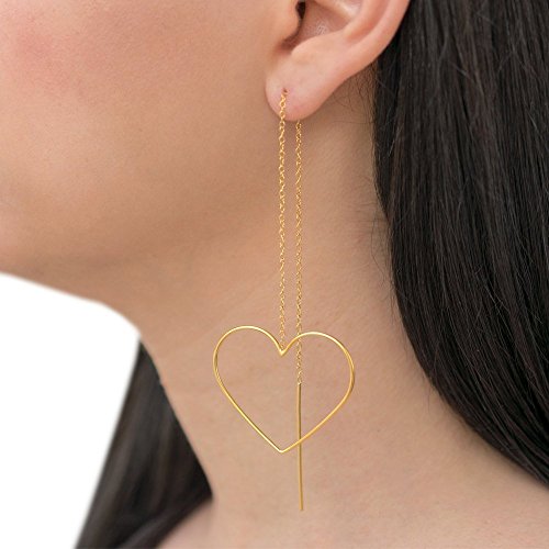 Pair of gold threader earrings, sterling silver or plated gold thread earrings, gold chain earrings, gold ear thread heart earrings, pull through earrings handmade by Emmanuela