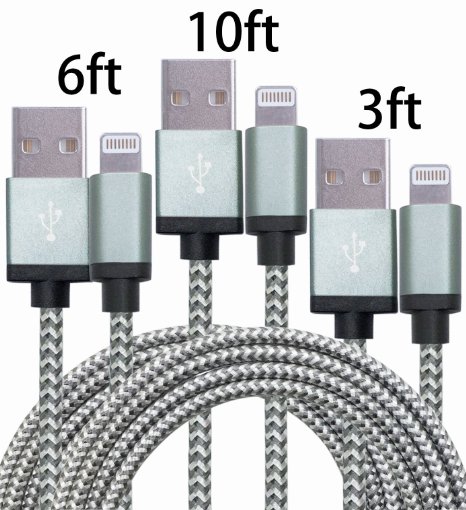 GOLDEN-NOOB 2Pack 10FT Nylon Braided Popular Lightning Cable 8Pin to USB Charging Cable Cord with Aluminum Heads for iPhone 6/6s/6 Plus/6s Plus/5/5c/5s/SE,iPad iPod Nano iPod Touch(Gray)