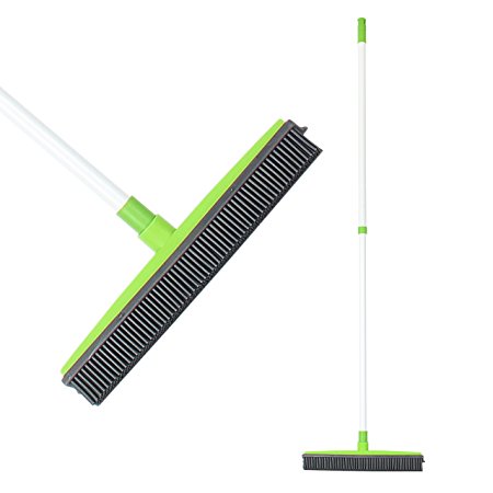 LandHope Rubber Bristles Push Broom with Build-in Squeegee Edge, Pet Hair Sweep and Floor Carpet Clean 47.2 inches Long Handle