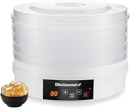 Elite Gourmet EFD770WD Digital Food Dehydrator with 5x12.5” BPA Free Trays, Adjustable Time and Temperature Controls, Jerky, Herbs, Fruit, Veggies, Snacks, White