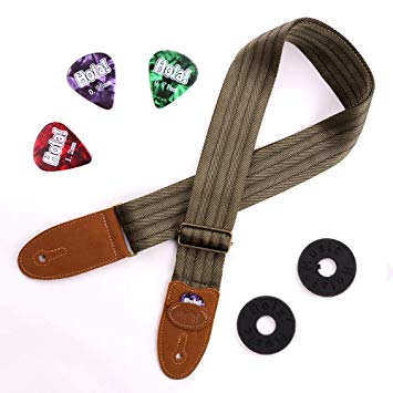 Stringed Instruments Strap for Acoustic, Electric and Bass Guitars, Mandolins and Ukuleles by Hola! Music, Pro Series with Genuine Leather Ends, Pick Pocket, 3 Picks and 2 Strap Locks - Navy Green