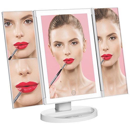 Lighted Makeup Mirror Vanity Mirror with Lights, Touch Screen Dimming, Tri-Fold 1x 2x 3x Magnification Sections, Portable High Definition Clarity Cosmetic Light Up Magnifying Mirror