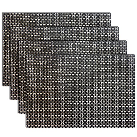 Placemats, Heat-resistant Placemats PVC Placemats Woven Vinyl Placemats Easy-Care Durable Non-slip Table Mats,Set of 4(Black gold)