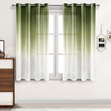 DWCN Faux Linen Ombre Sheer Curtains - Gradient Semi Voile Grommet Top Sheer Drapes for Bedroom and Living Room, Set of 2 Window Curtain Panels, 52 x 54 Inch Length, Olive Green