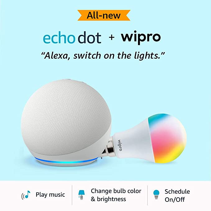 All-New Echo Dot (5th Gen, White) Combo with Wipro 9W LED Smart Color Bulb