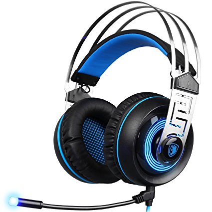 SADES A7 Gaming Headset 3.5mm USB Professional Stereo Headphone Blue Led Lighting with Microphone for Laptop PC Mac Computer(Black-Blue)