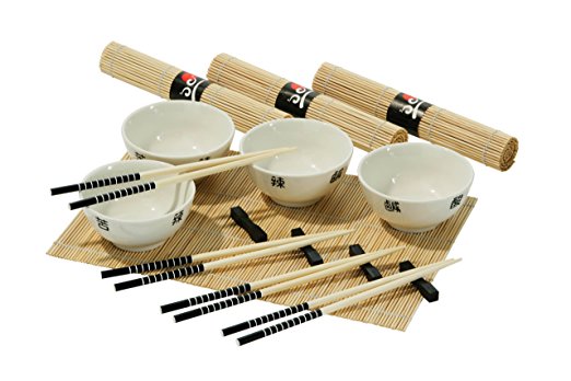 Premier Housewares Chinese Dining Set (4 White Bowls/4 Chopsticks/4 Rests/4 Mats), 16 Pieces
