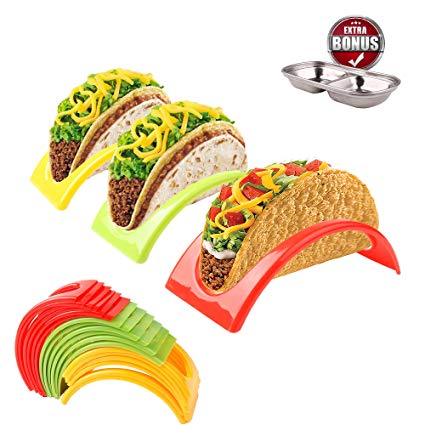 Roklur Premium Value Taco Stand Holders Party Pack - Colorful Non Toxic Set of 18 - BPA Free Plastic, Microwave and Dishwasher Safe - Holds Hard or Soft Shell for kids and Families with Bonus Dish