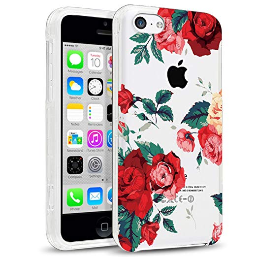 LUOLNH Slim Shockproof Clear Floral Pattern Soft Flexible TPU Back Cover Case Compatible with iPhone 5C -Red Rose