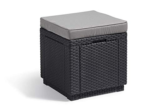 Keter Outdoor Garden Storage Seat Stool with Cushion, Graphite with Grey Cushion